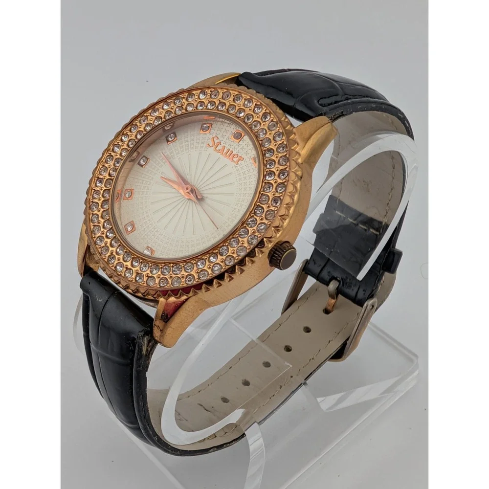 Stauer Sirene Watch Women 38mm Rose Gold Tone Black Leather‎ Band- New Battery